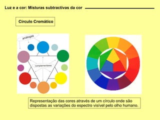 Representação das cores através de um círculo onde são dispostas as variações do espectro visível pelo olho humano. Luz e a cor: Misturas subtractivas da cor Círculo Cromático 