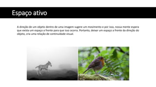 Espaço ativo
A direção de um objeto dentro de uma imagem sugere um movimento e por isso, nossa mente espera
que exista um espaço a frente para que isso ocorra. Portanto, deixar um espaço a frente da direção do
objeto, cria uma relação de continuidade visual.
 