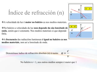 Índice de refracción (n)A velocidade da luz é maior no baleiro ca nos medios materiais.