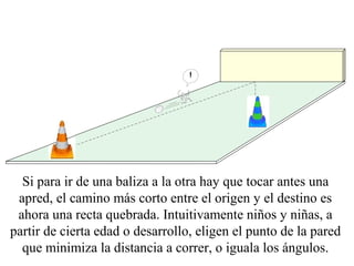 Si para ir de una baliza a la otra hay que tocar antes una 
apred, el camino más corto entre el origen y el destino es 
ahora una recta quebrada. Intuitivamente niños y niñas, a 
partir de cierta edad o desarrollo, eligen el punto de la pared 
que minimiza la distancia a correr, o iguala los ángulos. 
 