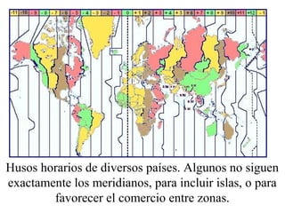 Husos horarios de diversos países. Algunos no siguen 
exactamente los meridianos, para incluir islas, o para 
favorecer el comercio entre zonas. 
 