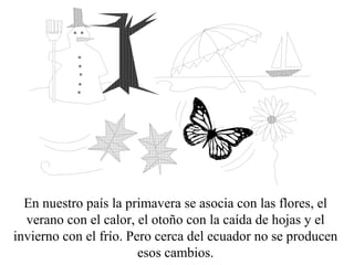 En nuestro país la primavera se asocia con las flores, el 
verano con el calor, el otoño con la caída de hojas y el 
invierno con el frío. Pero cerca del ecuador no se producen 
esos cambios. 
 
