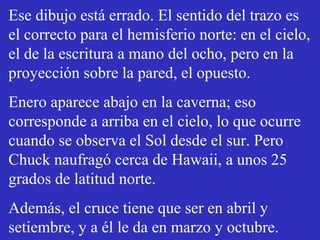 Ese dibujo está errado. El sentido del trazo es 
el correcto para el hemisferio norte: en el cielo, 
el de la escritura a mano del ocho, pero en la 
proyección sobre la pared, el opuesto. 
Enero aparece abajo en la caverna; eso 
corresponde a arriba en el cielo, lo que ocurre 
cuando se observa el Sol desde el sur. Pero 
Chuck naufragó cerca de Hawaii, a unos 25 
grados de latitud norte. 
Además, el cruce tiene que ser en abril y 
setiembre, y a él le da en marzo y octubre. 
 