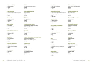 A Viagem de Chihiro                   Babel                                          Clube da Lua                                Efeito Borboleta
      D: Hayao Miyazaki                     D: Alejandro Gonzáles Iñárritu                 D: Juan José Campanella                     D: Eric Bress e J. Mackye Gruber
      P: Japão                              P: EUA                                         P: Argentina                                P: EUA
      A: 2001                               A: 2006                                        A: 2004                                     A: 2004


      A Vida dos Outros                     Bang Bang! Você Morreu                         Coleção de Curtas Pixar                     Eles Não Usam Black-Tie
      D: Florian Henckel von Donnersmarck   D: Guy Ferland                                 D: John Lasseter, Eben Ostby, Ed Catmull,   D: Leon Hirszman
      P: Alemanha                           P: EUA                                         Alvy Ray Smith e William Reeves             P: Brasil
      A: 2006                               A: 2002                                        P: EUA                                      A: 1981
                                                                                           A: 1984-2006
      Adeus, Lenin!                         Boleiros 2                                                                                 Em Busca da Terra do Nunca
      D: Wolfgang Becker                    D: Ugo Giorgetti                               Depois da Chuva                             D: Marc Foster
      P: Alemanha                           P: Brasil                                      D: Takashi Koizumi                          P: EUA
      A: 2002                               A: 2006                                        P: Japão, França                            A: 2004
                                                                                           A: 1999
      Adeus, Meninos                        Camelos Também Choram                                                                      Escritores da Liberdade
      D: Louis Malle                        D: Byambasuren Davaa e Luigi Falorni           Deus e o Diabo na Terra do Sol              D: Richerd LaGravenese
      P: França, Alemanha                   P: Mongólia, Alemanha                          D: Glauber Rocha                            P: EUA
      A: 1987                               A: 2003                                        P: Brasil                                   A: 2007
                                                                                           A: 1964
      Aguirre - A Cólera dos Deuses         Carandiru                                                                                  Esperança e Glória!
      D: Werner Herzog                      D: Hector Babenco                              Do Mundo Nada se Leva                       D: John Boorman
      P: Alemanha, Peru                     P: Brasil                                      D: Frank Capra                              P: Inglaterra
      A: 1972                               A: 2003                                        P: EUA                                      A: 1987
                                                                                           A: 1938
      Anjos do Sol                          Chaplin – Sua Vida, Sua Obra... Suas Paixões                                               Estamira
      D: Rudi Lagemann                      D: Richard Attenborough                        Dolls                                       D: Marcos Prado
      P: Brasil                             P: França, Itália, EUA e Inglaterra            D: Takeshi Kitano                           P: Brasil
      A: 2006                               A: 1992                                        P: Japão                                    A: 2004
                                                                                           A: 2002
      As Bicicletas de Belleville           Cidadão Kane                                                                               Fama para Todos
      D: Sylvain Chomet                     D: Orson Wells                                 Domésticas                                  D: Dominique Deruddere
      P: França, Canadá e Bélgica           P: EUA                                         D: Fernando Meirelles e Nando Olival        P: Bélgica, França
      A: 2003                               A: 1941                                        P: Brasil                                   A: 2000
                                                                                           A: 2001
      As Vinhas da Ira                      Cinema Paradiso                                                                            Filhos do Paraíso
      D: John Ford                          D: Giuseppe Tornatore                          Edifício Master                             D: Majid Majidi
      P: EUA                                P: Itália, França                              D: Eduardo Coutinho                         P: Irã
      A: 1940                               A: 1989                                        P: Brasil                                   A: 1997
                                                                                           A: 2002




122   Caderno de Cinema do Professor – Um                                                                                                           Luz, Câmera... Educação!   123
 