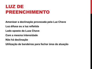 LUZ DE
PREENCHIMENTO
Amenizar a declinação provocada pela Luz Chave
Luz difusa ou a luz refletida
Lado oposto da Luza Chave
Com a mesma intensidade
Não há declinação
Utilização de bandeiras para fechar área de atuação
 