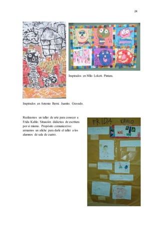 24
Inspirados en Milo Lokett. Pintura.
Inspirados en Antonio Berni. Juanito. Gravado.
Realizamos un taller de arte para conocer a
Frida Kahlo. Situación didáctica de escritura
por sí mismo. Propósito comunicativo:
armamos un afiche para darle el taller a los
alumnos de sala de cuatro.
 