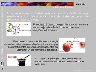 luz e cor 
a cor dos objetos 
12 
A cor de um objecto é dada pela cor que ele reflecte, ou seja, 
quando uma luz branca incide sobre ele, todas as cores são 
absorvidas, excepto a dele. 
Um objecto é branco porque não absorve nenhuma 
cor, ou seja, ele reflecte todas as cores que 
compõem a luz branca. 
Quando a luz branca incide sobre a maçã 
vermelha, todas as cores são absorvidas, excepto 
os comprimentos de onda correspondentes ao 
vermelho. A cor vermelha é reflectida. 
Um objecto é preto porque absorve toda as 
cores que incidem sobre ele. Nenhuma cor foi 
reflectida. 
 