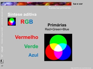 luz e cor 
Cores luz primárias 
17 
Síntese aditiva 
RGB 
Vermelho 
Verde 
Azul 
Primárias 
Red+Green+Blue 
 