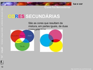 luz e cor 
Cores luz secundárias 
19 
CORES SECUNDÁRIAS 
São as cores que resultam da 
mistura, em partes iguais, de duas 
cores primárias. 
 