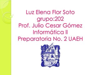 Luz Elena Flor Soto
grupo:202
Prof. Julio Cesar Gómez
Informática ll
Preparatoria No. 2 UAEH
 