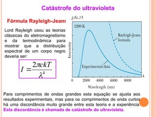 Catástrofe do ultravioleta
Fórmula Rayleigh-Jeans
Lord Rayleigh usou as teorias
clássicas do eletromagnetismo
e da termodinâmica para
mostrar que a distribuição
espectral de um corpo negro
deveria ser:
4
2

ckT
I 
Para comprimentos de ondas grandes esta equação se ajusta aos
resultados experimentais, mas para os comprimentos de onda curtos
há uma discordância muito grande entre esta teoria e a experiência.
Esta discordância é chamada de catástrofe do ultravioleta.
 
T
I ,

 