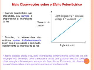 Mais Observações sobre o Efeito Fotoeléctrico
• Quando fotoelectrões são
produzidos, seu número é
proporcional a intensidade
da luz
A teoria clássica prediz que, para intensidades extremamente baixas da luz, um
longo período de tempo deveria se passar antes que qualquer electrão pudesse
obter energia suficiente para escapar do foto cátodo. Entretanto, foi observado,
que os fotoelectrões eram ejectados quase que imediatamente
• Também, os fotoelectrões são
emitidos quase instantaneamente
assim que o foto cátodo é iluminado,
independente da intensidade da luz
 