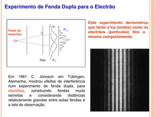 Experimento de Fenda Dupla para o Electrão
Em 1961 C. Jönsson em Tübingen,
Alemanha, mostrou efeitos de interferência
num experimento de fenda dupla, para
electrões, construindo fendas muito
estreitas e considerando distâncias
relativamente grandes entre estas fendas e
a tela de observação.
Este experimento demonstrou
que tanto a luz (ondas) como os
electrões (partículas) têm o
mesmo comportamento
Fonte de
electrões
Tela
P12
P1
P2
 
