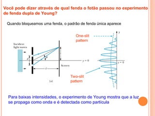 Você pode dizer através de qual fenda o fotão passou no experimento
de fenda dupla de Young?
Quando bloqueamos uma fenda, o padrão de fenda única aparece
Two-slit
pattern
One-slit
pattern
Para baixas intensidades, o experimento de Young mostra que a luz
se propaga como onda e é detectada como partícula
 