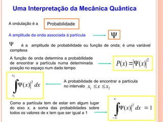 Uma Interpretação da Mecânica Quântica
A ondulação é a Probabilidade
A amplitude da onda associada à partícula
2
)
(
)
( x
x
P 

A função de onda determina a probabilidade
de encontrar a partícula numa determinada
posição no espaço num dado tempo
é a amplitude de probabilidade ou função de onda; é uma variável
complexa
2
1
2
( )
x
x
x dx


2
( ) 1
x dx

 
 

Como a partícula tem de estar em algum lugar
do eixo x, a soma das probabilidades sobre
todos os valores de x tem que ser igual a 1
A probabilidade de encontrar a partícula
no intervalo 2
1 x
x
x 



 