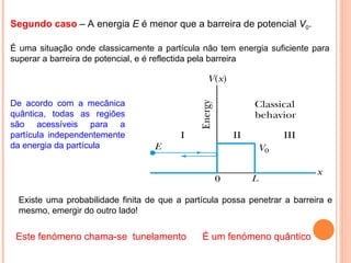 Segundo caso – A energia E é menor que a barreira de potencial V0.
É uma situação onde classicamente a partícula não tem energia suficiente para
superar a barreira de potencial, e é reflectida pela barreira
Existe uma probabilidade finita de que a partícula possa penetrar a barreira e
mesmo, emergir do outro lado!
De acordo com a mecânica
quântica, todas as regiões
são acessíveis para a
partícula independentemente
da energia da partícula
Este fenómeno chama-se tunelamento É um fenómeno quântico
 
