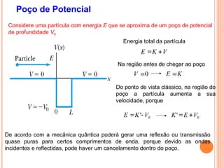 Poço de Potencial
Considere uma partícula com energia E que se aproxima de um poço de potencial
de profundidade V0
V
K
E 

Energia total da partícula
Na região antes de chegar ao poço
0

V K
E 
Do ponto de vista clássico, na região do
poço a partícula aumenta a sua
velocidade, porque
0
' V
K
E 
 0
' V
E
K 

De acordo com a mecânica quântica poderá gerar uma reflexão ou transmissão
quase puras para certos comprimentos de onda, porque devido as ondas
incidentes e reflectidas, pode haver um cancelamento dentro do poço.
 