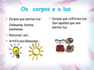 Os corpos e a luz
●
Corpos que emiten luz:
Chámanse fontes
luminosas.
●
Naturais :sol...
●
Artificiais:lámpadas..
●
Corpos que reflicten luz:
Son aqueles que non
emiten luz.
 