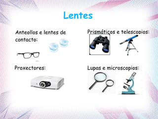 Lentes
Anteollos e lentes de
contacto:
Prismáticos e telescopios:
Lupas e microscopios:Proxectores:
 