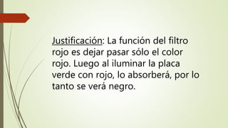 Justificación: La función del filtro
rojo es dejar pasar sólo el color
rojo. Luego al iluminar la placa
verde con rojo, lo absorberá, por lo
tanto se verá negro.
 