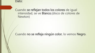 Dato:
Cuando se reflejan todos los colores de igual
intensidad, se ve Blanco.(disco de colores de
Newton)
Cuando no se refleja ningún color, lo vemos Negro.
 