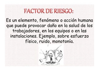 Es un elemento, fenómeno o acción humana
que puede provocar daño en la salud de los
   trabajadores, en los equipos o en las
  instalaciones. Ejemplo, sobre esfuerzo
          físico, ruido, monotonía.
 