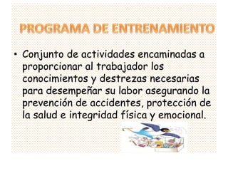 • Conjunto de actividades encaminadas a
  proporcionar al trabajador los
  conocimientos y destrezas necesarias
  para desempeñar su labor asegurando la
  prevención de accidentes, protección de
  la salud e integridad física y emocional.
 