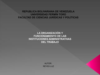 REPUBLICA BOLIVARIANA DE VENEZUELA
UNIVERSIDAD FERMÍN TORO
FACULTAD DE CIENCIAS JURÍDICAS Y POLÍTICAS
AUTOR:
REYES LUZ
LA ORGANIZACIÓN Y
FUNCIONAMIENTO DE LAS
INSTITUCIONES ADMINISTRATIVAS
DEL TRABAJO
 