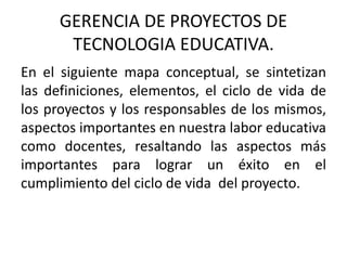 GERENCIA DE PROYECTOS DE
TECNOLOGIA EDUCATIVA.
En el siguiente mapa conceptual, se sintetizan
las definiciones, elementos, el ciclo de vida de
los proyectos y los responsables de los mismos,
aspectos importantes en nuestra labor educativa
como docentes, resaltando las aspectos más
importantes para lograr un éxito en el
cumplimiento del ciclo de vida del proyecto.
 