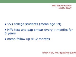  553 college students (mean age 19)
 HPV test and pap smear every 4 months for
5 years
 mean follow up 41.2 months
HPV natural history:
Seattle Study
Winer et al., Am J Epidemiol (2003)
 