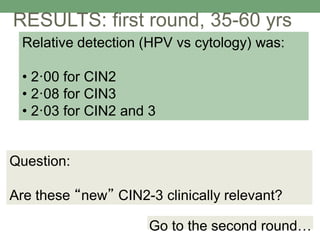 Relative detection (HPV vs cytology) was:
• 2·00 for CIN2
• 2·08 for CIN3
• 2·03 for CIN2 and 3
RESULTS: first round, 35-60 yrs
Question:
Are these “new” CIN2-3 clinically relevant?
Go to the second round…
 