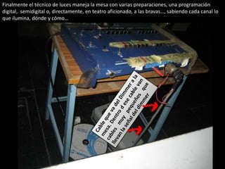 Finalmente el técnico de luces maneja la mesa con varias preparaciones, una programación
digital, semidigital o, directamente, en teatro aficionado, a las bravas…, sabiendo cada canal lo
que ilumina, dónde y cómo…
 