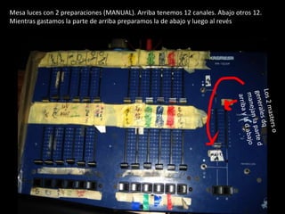 Mesa luces con 2 preparaciones (MANUAL). Arriba tenemos 12 canales. Abajo otros 12.
Mientras gastamos la parte de arriba preparamos la de abajo y luego al revés
 