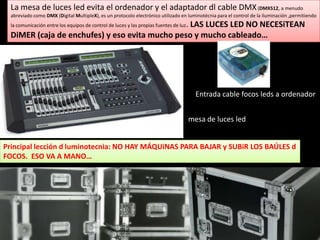 La mesa de luces led evita el ordenador y el adaptador dl cable DMX (DMX512, a menudo
  abreviado como DMX (Digital MultipleX), es un protocolo electrónico utilizado en luminotécnia para el control de la iluminación ,permitiendo
                                                . LAS LUCES LED NO NECESiTEAN
  la comunicación entre los equipos de control de luces y las propias fuentes de luz

  DiMER (caja de enchufes) y eso evita mucho peso y mucho cableado…




                                                                                         Entrada cable focos leds a ordenador


                                                                                       mesa de luces led


Principal lección d luminotecnia: NO HAY MÁQUiNAS PARA BAJAR y SUBiR LOS BAÚLES d
FOCOS. ESO VA A MANO…
 