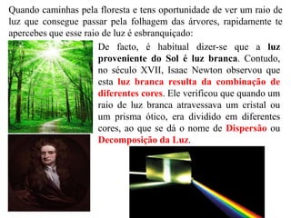 Quando caminhas pela floresta e tens oportunidade de ver um raio de
luz que consegue passar pela folhagem das árvores, rapidamente te
apercebes que esse raio de luz é esbranquiçado:
De facto, é habitual dizer-se que a luz
proveniente do Sol é luz branca. Contudo,
no século XVII, Isaac Newton observou que
esta luz branca resulta da combinação de
diferentes cores. Ele verificou que quando um
raio de luz branca atravessava um cristal ou
um prisma ótico, era dividido em diferentes
cores, ao que se dá o nome de Dispersão ou
Decomposição da Luz.
 