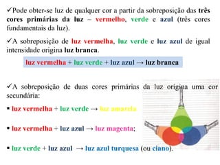 A sobreposição de duas cores primárias da luz origina uma cor
secundária:
 luz vermelha + luz verde → luz amarela
 luz vermelha + luz azul → luz magenta;
 luz verde + luz azul → luz azul turquesa (ou ciano).
Pode obter-se luz de qualquer cor a partir da sobreposição das três
cores primárias da luz – vermelho, verde e azul (três cores
fundamentais da luz).
A sobreposição de luz vermelha, luz verde e luz azul de igual
intensidade origina luz branca.
luz vermelha + luz verde + luz azul → luz branca
 