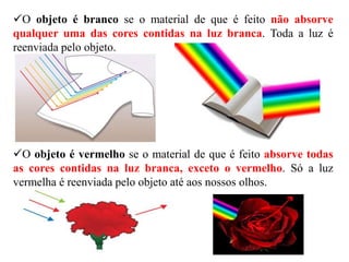 O objeto é vermelho se o material de que é feito absorve todas
as cores contidas na luz branca, exceto o vermelho. Só a luz
vermelha é reenviada pelo objeto até aos nossos olhos.
O objeto é branco se o material de que é feito não absorve
qualquer uma das cores contidas na luz branca. Toda a luz é
reenviada pelo objeto.
 