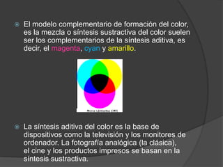 El modelo complementario de formación del color, es la mezcla o síntesis sustractiva del color suelen ser los complementarios de la síntesis aditiva, es decir, el magenta, cyan y amarillo.La síntesis aditiva del color es la base de dispositivos como la televisión y los monitores de ordenador. La fotografía analógica (la clásica), el cine y los productos impresos se basan en la síntesis sustractiva.