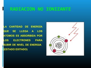 RADIACION NO IONIZANTE
LA CANTIDAD DE ENERGÌA
QUE SE LLEGA A LOS
ATOMOS ES ABSORBIDA POR
LOS ELECTRONES PARA
SUBIR DE NIVEL DE ENERGIA
(ESTADO EXITADO)
 