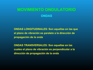 ONDAS LONGITUDINALES: Son aquellas en las que
el plano de vibración es paralelo a la dirección de
propagación de la onda
ONDAS TRANSVERSALES: Son aquellas en las
cuales el plano de vibración es perpendicular a la
dirección de propagación de la onda
MOVIMIENTO ONDULATORIO
ONDAS
 
