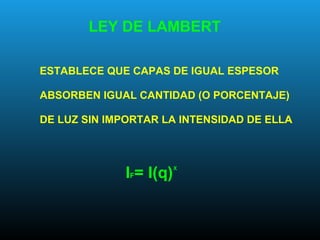 ESTABLECE QUE CAPAS DE IGUAL ESPESOR
ABSORBEN IGUAL CANTIDAD (O PORCENTAJE)
DE LUZ SIN IMPORTAR LA INTENSIDAD DE ELLA
LEY DE LAMBERT
IF= I(q)X
 