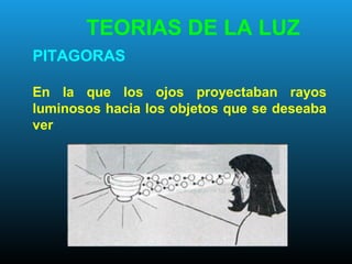 TEORIAS DE LA LUZ
PITAGORAS
En la que los ojos proyectaban rayos
luminosos hacia los objetos que se deseaba
ver
 