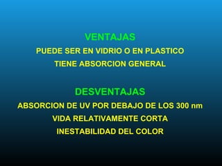 VENTAJAS
PUEDE SER EN VIDRIO O EN PLASTICO
TIENE ABSORCION GENERAL
DESVENTAJAS
ABSORCION DE UV POR DEBAJO DE LOS 300 nm
VIDA RELATIVAMENTE CORTA
INESTABILIDAD DEL COLOR
 