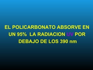 EL POLICARBONATO ABSORVE EN
UN 95% LA RADIACION UV POR
DEBAJO DE LOS 390 nm
 
