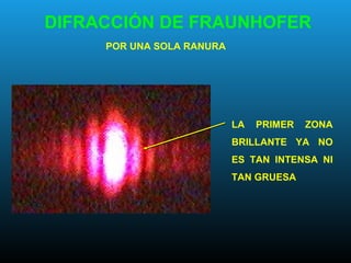 DIFRACCIÓN DE FRAUNHOFER
LA PRIMER ZONA
BRILLANTE YA NO
ES TAN INTENSA NI
TAN GRUESA
POR UNA SOLA RANURA
 