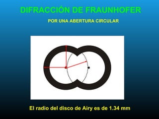 DIFRACCIÓN DE FRAUNHOFER
POR UNA ABERTURA CIRCULAR
El radio del disco de Airy es de 1.34 mm
 
