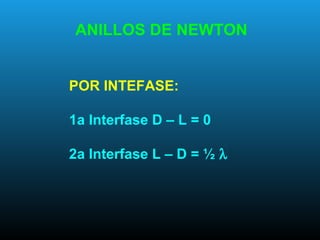 ANILLOS DE NEWTON
POR INTEFASE:
1a Interfase D – L = 0
2a Interfase L – D = ½ λ
 