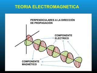 TEORIA ELECTROMAGNETICA
PERPENDICULARES A LA DIRECCIÓN
DE PROPAGACIÓN
COMPONENTE
ELECTRICO
COMPONENTE
MAGNÉTICO
 