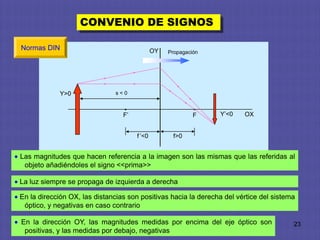 CONVENIO DE SIGNOS

Normas DIN                                    OY   Propagación




            Y>0                s<0


                                 •                          •
                                 F’                         F    Y’<0   OX


                                      f ’<0         f>0


Las magnitudes que hacen referencia a la imagen son las mismas que las referidas al
 objeto añadiéndoles el signo <<prima>>

La luz siempre se propaga de izquierda a derecha

En la dirección OX, las distancias son positivas hacia la derecha del vértice del sistema
 óptico, y negativas en caso contrario

En la dirección OY, las magnitudes medidas por encima del eje óptico son                23
 positivas, y las medidas por debajo, negativas
 