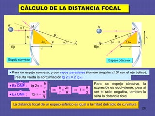 CÁLCULO DE LA DISTANCIA FOCAL


A                  M                                               A
                                                                                                M

                                        R                                      R
               h                                                                                             h
                          2         F                C                             F    2           O
                                                                       C
                                   •                 •                 •            •
    Eje                                                          Eje
                          f                                                                 f


Espejo convexo                                                             Espejo cóncavo



    Para un espejo convexo, y con rayos paraxiales (forman ángulos 10º con el eje óptico),
      resulta válida la aproximación tg 2 = 2 tg
                               h                                 Para un espejo cóncavo, la
    En OMF :       tg 2
                               f            h   2h           R   expresión es equivalente, pero al
                                                         f
                              h             f   R            2   ser el radio negativo, también lo
    En OMF :       tg
                              R                                  será la distancia focal

     La distancia focal de un espejo esférico es igual a la mitad del radio de curvatura
                                                                                                        26
 